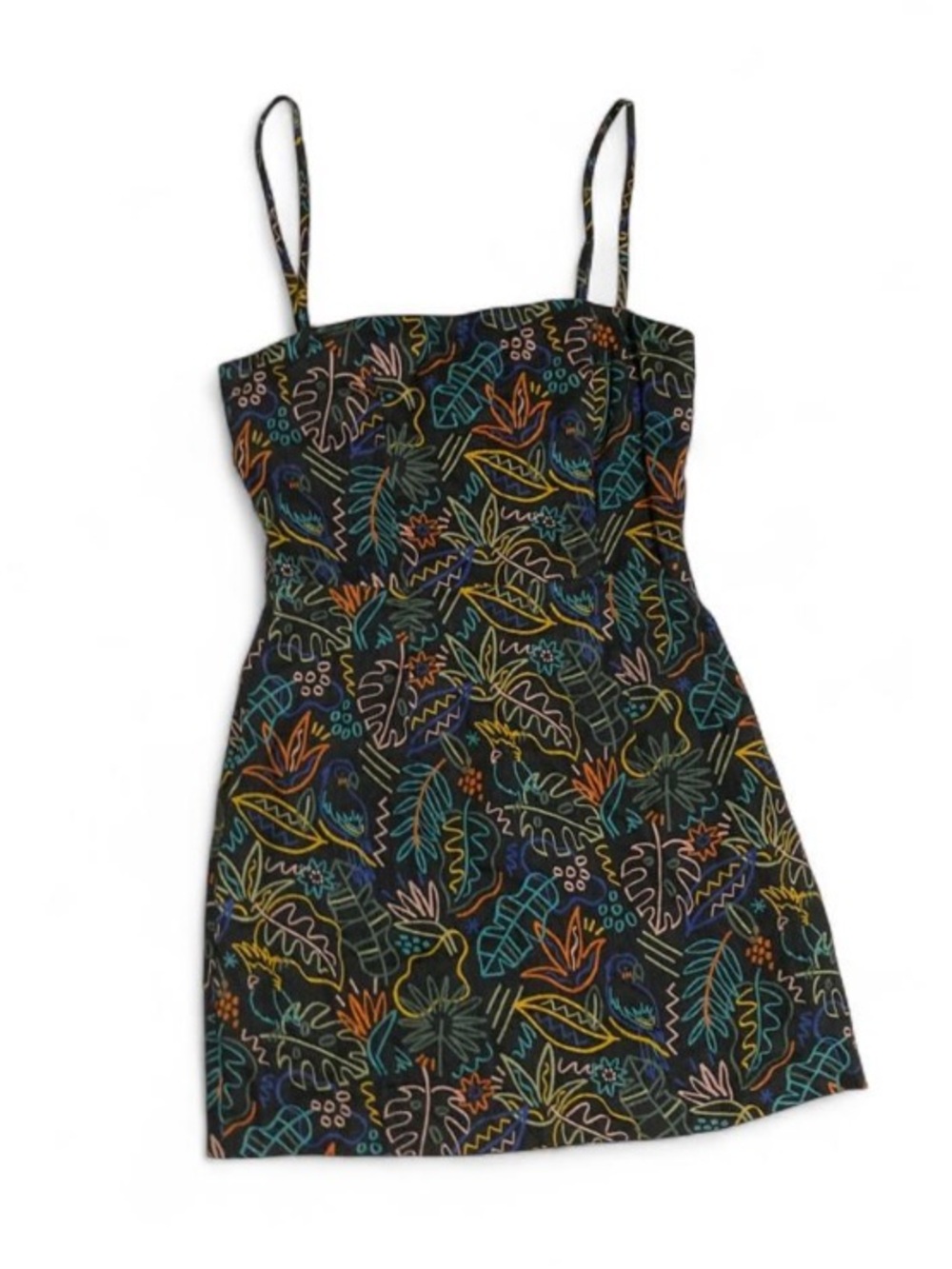 Black Linen Tropical Print Spaghetti Strap Dress